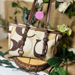 Sold on depop  Coach onogram Canvas Tote | Brown Leather & Silver Hardware